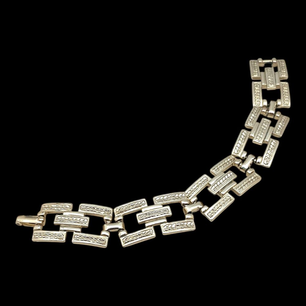 Vintage 1980s Link Bracelet Gold Tone Chunky Textured Panels - 2Z